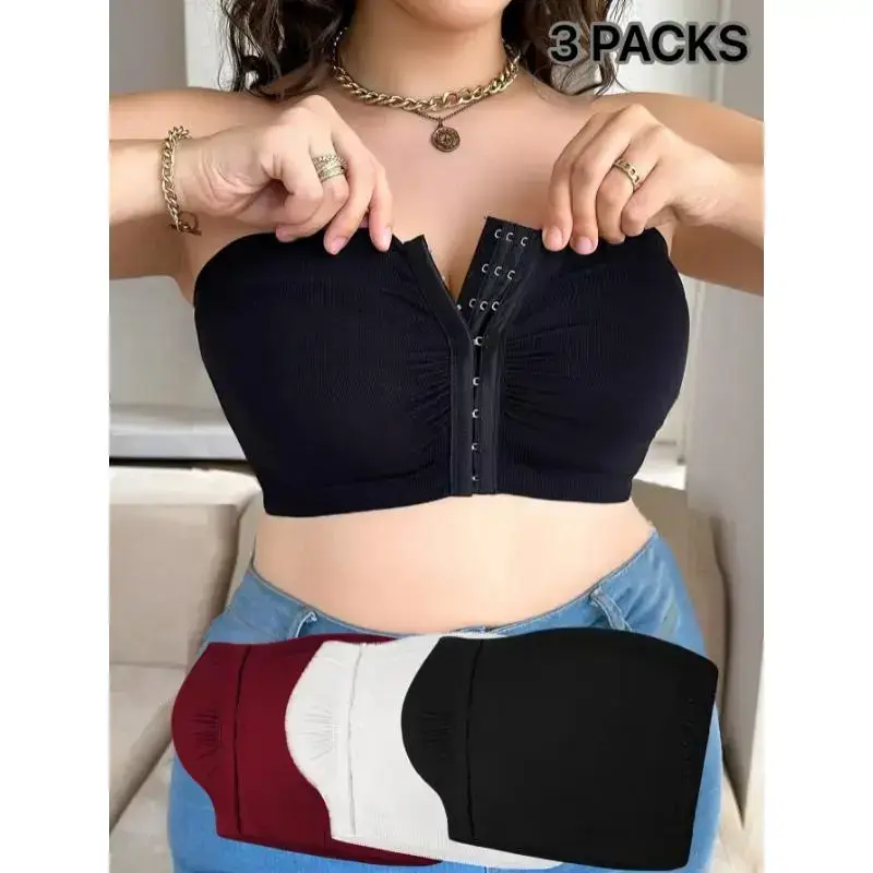 [Plus Size Strapless Bandeau Bra] 3pcs Plus Size High-Elasticity Strapless Bandeau Bras - Soft, Comfortable, Full Coverage - Front Closure, No Underwire, Seamless Design in Black, Beige, and White Fabric Spandex