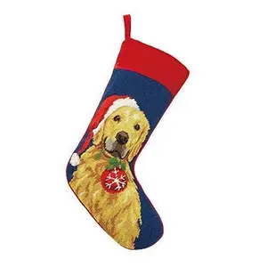 Golden Retriever with Santa Hat and Ornament Christmas Stocking, Wool Needlepoint, 11 Inch X 18 Inch