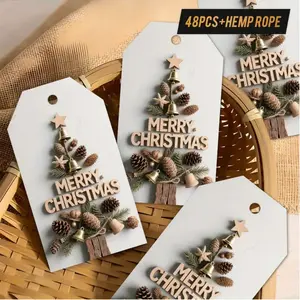 50 Pcs Christmas Gift Tags with Twine, Gift Decoration, Elegant Wood Grain Design, Pinecone & Bell Silhouette, Durable and Easy to Write