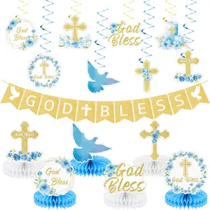 15Pcs Blue Baptism Decorations God Bless Banners First Communion Hanging Swirls Honeycomb Religious Christening Table Centerpieces for Shower Gold First Holy Communion Party Supplies Favors