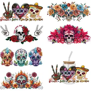 UV DTF Cup Wrap Transfer Stickers for Glass,6 Sheets Skull Cup Rub on Transfers for Crafting Cup Decal Stickers for 16OZ Libbey Glass Cups Furniture Craft DIY Crafts Creative Halloween Gifts