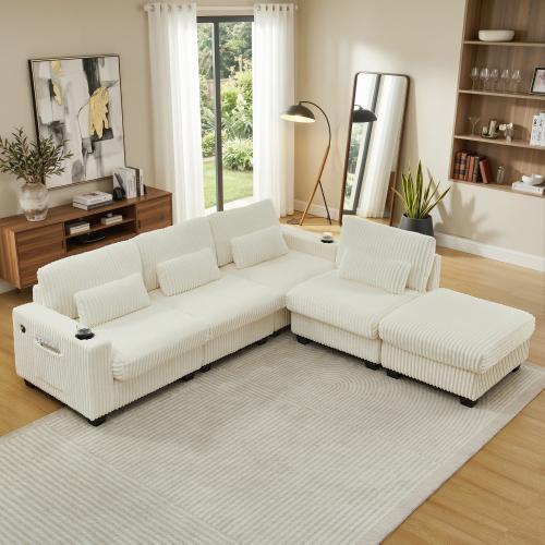 【3-Piece Set 】Niccae 126" Oversized Sectional Couch for Living Room, L-Shaped Modular Corduroy Sofa with Ottoman, Cup Holders, 4-Seater Convertible Design, Charge Port, Waist & Back Pillows