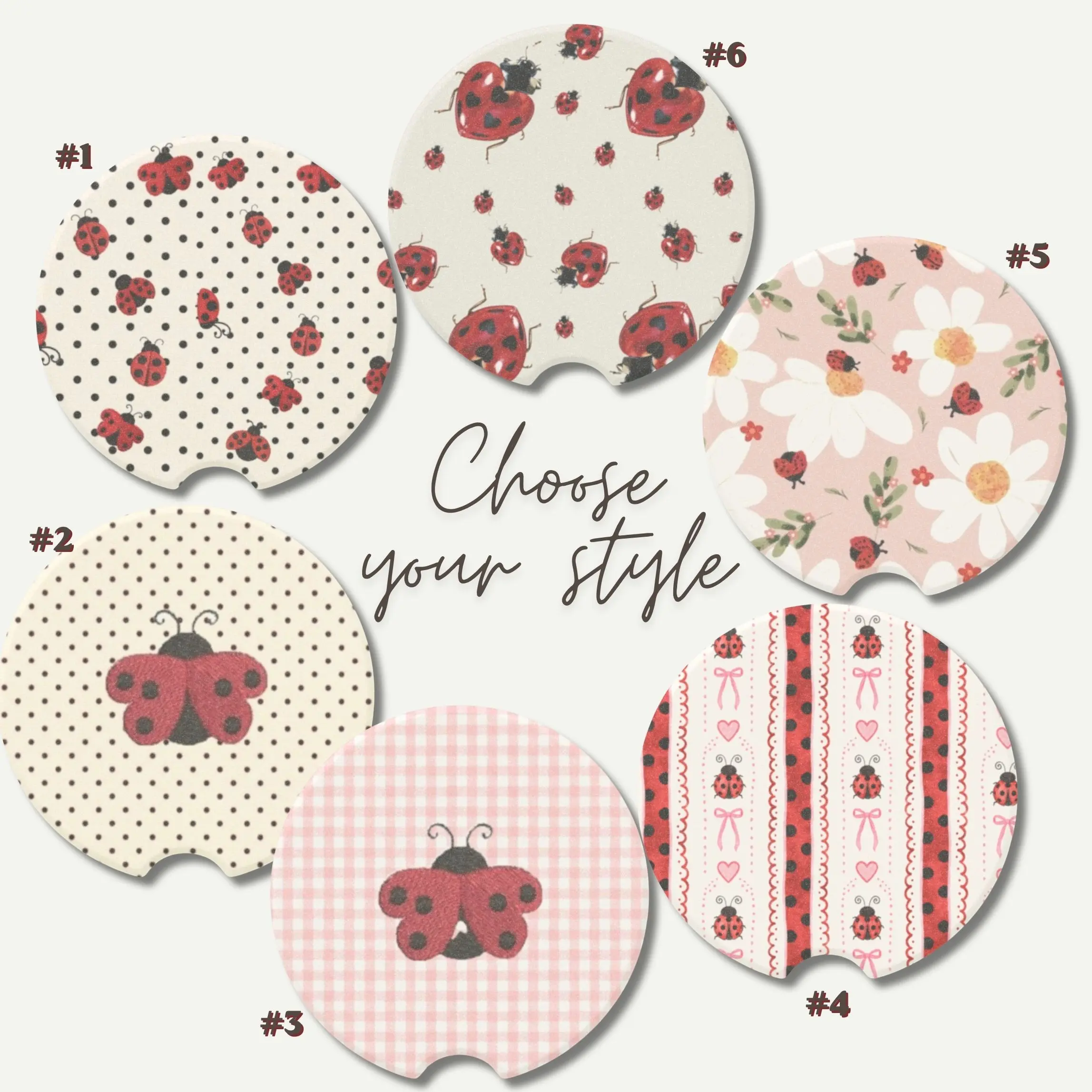 [BUY 2 SAVE 50%] Ladybug Car Cup Holder Coasters, Cute Floral Ceramic Car Coaster Set, Absorbent Auto Accessories for Women, Daisy Ladybug Car Decor Gift