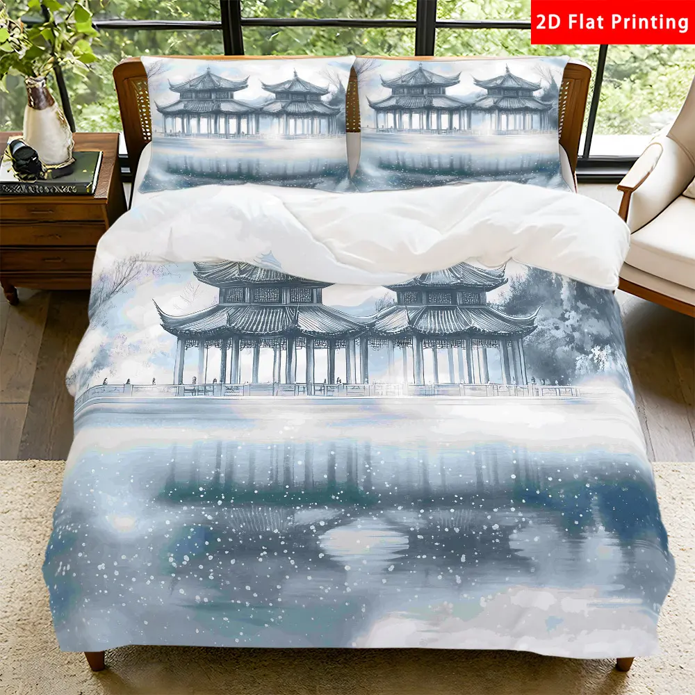 2/3 Pcs 2D Flat Chinese Style Landscape Duvet Cover Set Chinese Pavilion Bedding Set Quilt Cover 1 Duvet Cover + 1/2 Pillowcases Chinese Landscape Top Sheet Decorative Bedding Bedroom Decor