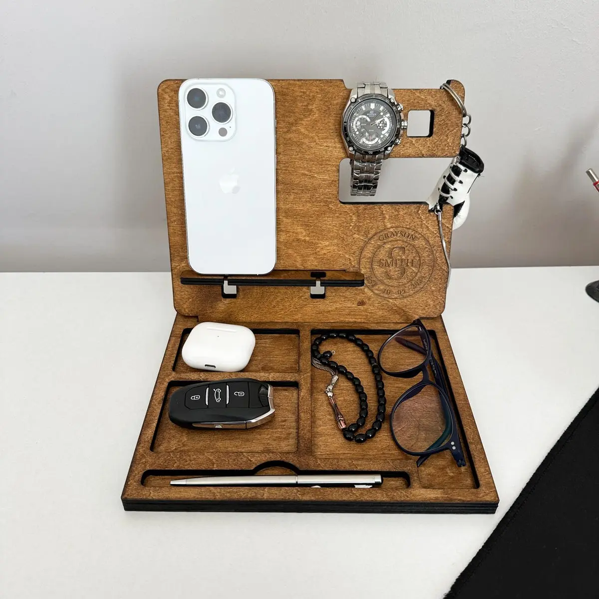 Personalized Wood Desk Organizer-Custom Docking Station-Custom Gift Dad-Custom Nightstand Organizer-Men Xmas Gift Idea-Custom Gift For Men