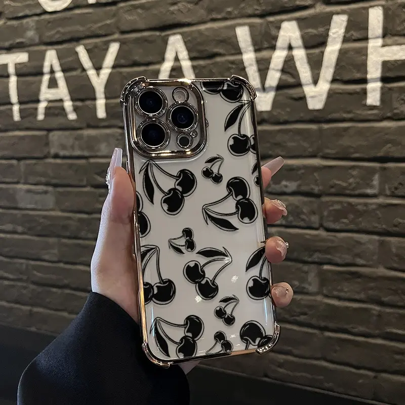 Cherry Pattern Four-corner drop-proof TPU phone case for iPhone17 16 15 14 Pro Max 13 12 11 XR XS Plus shockproof full camera protection durable slim silicone case mobile phone case