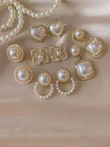 5 Pairs Faux Pearl Flower Rhinestone Accents Stud Earrings Set, French Vintage Style, Romantic Heart Shape, Perfect for Daily Wear and Holidays, Floral Stud Earrings