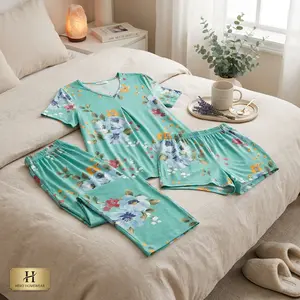 Women's Summer Capri Pajama Set - Short Sleeve Shirt and Pajama Pants 2 Piece Ladies Pjs Sets Comfortable Breathable Cotton Sleepwear Loungewear for Nightwear Home Wear Casual Soft Fabric