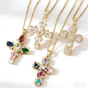 Colorful Cross Pendant Necklace for Women, 18K Gold Plated Dainty Necklace with Cubic Zirconia, Hypoallergenic Religious Jewelry Gift for Birthday, Christmas & Back to School