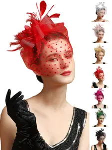1PC Fascinators Hats for Women Tea Party Hat Feather Mesh Headband Vintage Lace Cocktail Headwear Veil Hair Clip Church