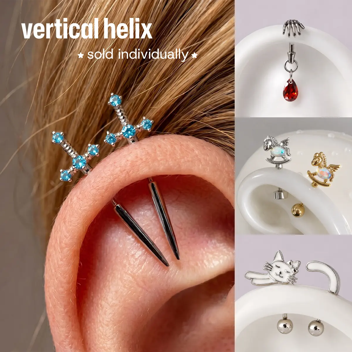 KUTLAN 18G Cute & Gothic Cartilage Piercing Stud Collection, Vertical Helix Lobe Conch Earring, Titanium & 316L Surgical Steel, Multiple Styles Sword, Butterfly, Horse, Palm, Cat.