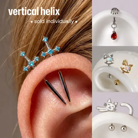 KUTLAN 18G Cute & Gothic Cartilage Piercing Stud Collection, Vertical Helix Lobe Conch Earring, Titanium & 316L Surgical Steel, Multiple Styles Sword, Butterfly, Horse, Palm, Cat.