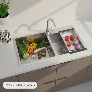 Double Bowl Stainless Steel Sink with Drain Basket for Kitchen Garage Bar Faucet Not Included