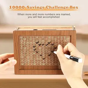 10,000 Savings Challenge Wooden Secure Storage Safe - Elegant Decor Piggy Bank for Adults, Cash Vault Box for Financial Goals, Office Stationery & Supplies Christmas Gift with Envelope, Secure Storage Safes