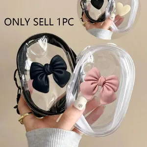1pc Cute Bowknot Transparent Storage Bag, Data Cable Organizer, Waterproof Mini Makeup Pouch with Keychain, Portable Travel Storage Box, Travel Organization Pouch Gift