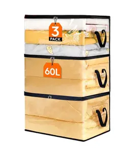 (Transparent) 3-piece clothing storage bag with foldable thick fabric blanket used for organizing clothing blankets and handle storage bag windows