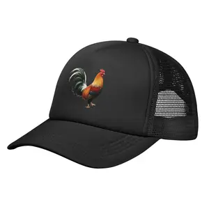 Unisex Polyester Mesh Baseball Cap - Colorful Rooster Print, Breathable, Adjustable Black Snapback, Animal Graphic Hats, Farm Style Hats for Farm Animal Lovers, Casual