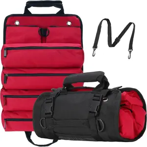 Tool Roll Bag, Tool Bag Organizer, Tool Carrier Roll UP Storage Pouches ith 6 Zipper Pockets & Strap, Gifts for Men Mechanic Electrician Hobbyist (Red)