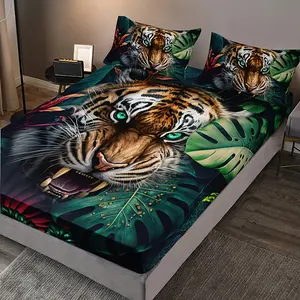 3PCS Fashion Trend Animal Tiger Home High-Definition Digital Print Fitted Sheet Three-Piece Set