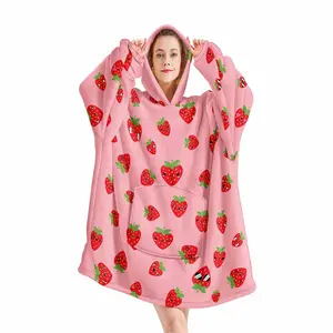 Strawberry Print Wearable Throw, Cozy Hooded Blanket, 1 Count Soft Hoodie Blanket with Pocket, Warm & Comfortable Blanket for Home Office Travel
