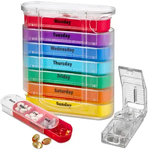 Weekly Pill Organizer with Cutter - Stackable 7-Day Organizer, 4 Daily Compartments for Vitamins & Supplements, Convenient AM/PM Reminder Boxes Healthcare Edible