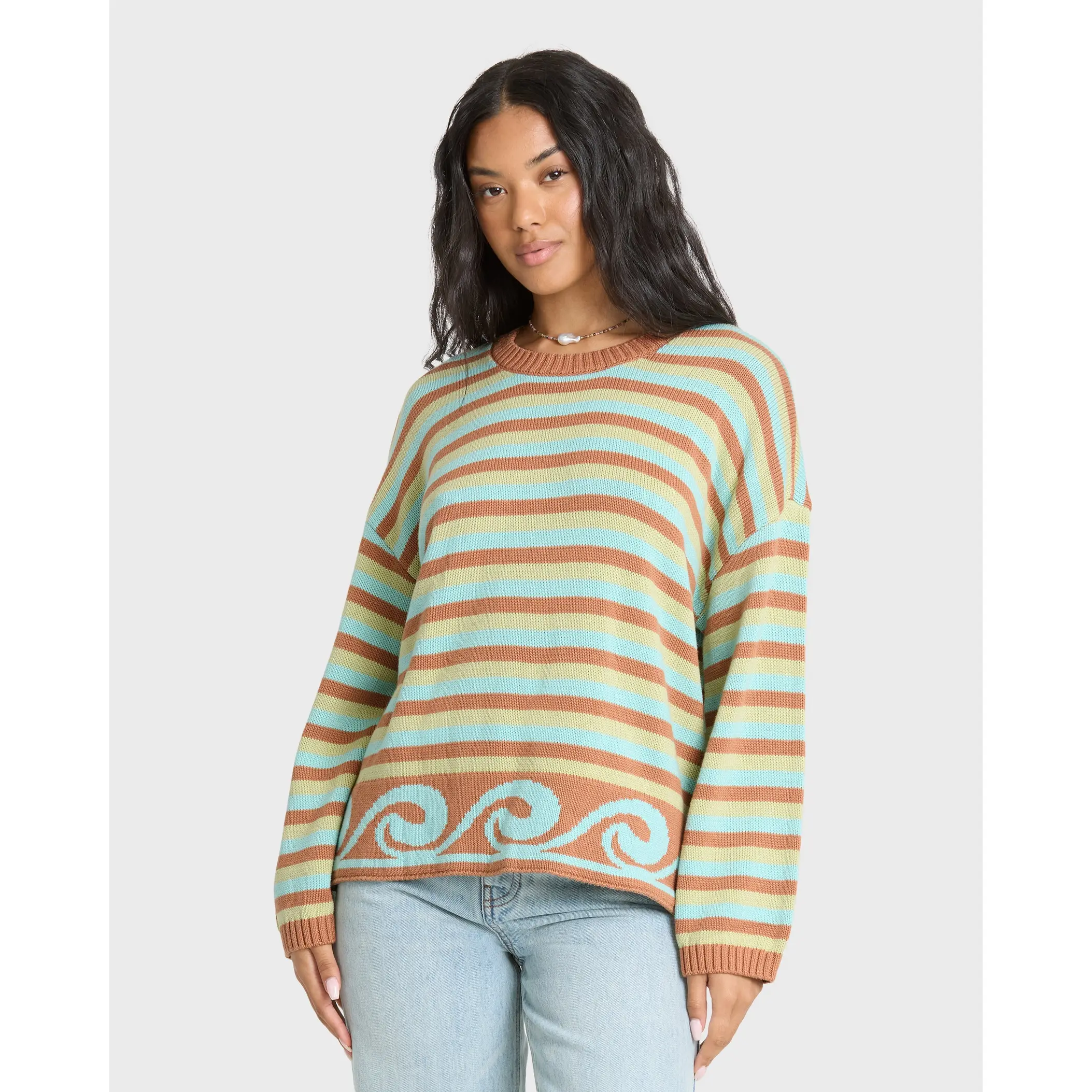BILLABONG Bayside Crewneck Sweater - Sugar Almond, Women’s Oversized Cotton Jacquard Crewneck Sweater, Long Sleeves, Metal Logo Plate, for Everyday Cozy Streetwear Fall