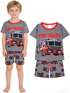 Boys Fire Truck Print Short Sleeve T-Shirt and Elastic Waist Shorts Pajama Set, Fashion Casual Fitted Cut Comfortable Sleepwear