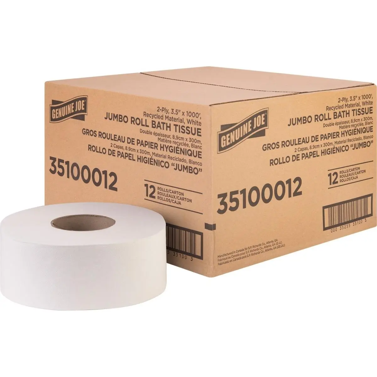Genuine Joe 212 MAIN 2-Ply Eco-Friendly Clog-Free Jumbo Roll Bathroom Tissue, White, 3.50 in x 1000 ft, Optional 3.50 in x 100 ft Size, Recyclable Home & Bathroom Supply, Two Ply