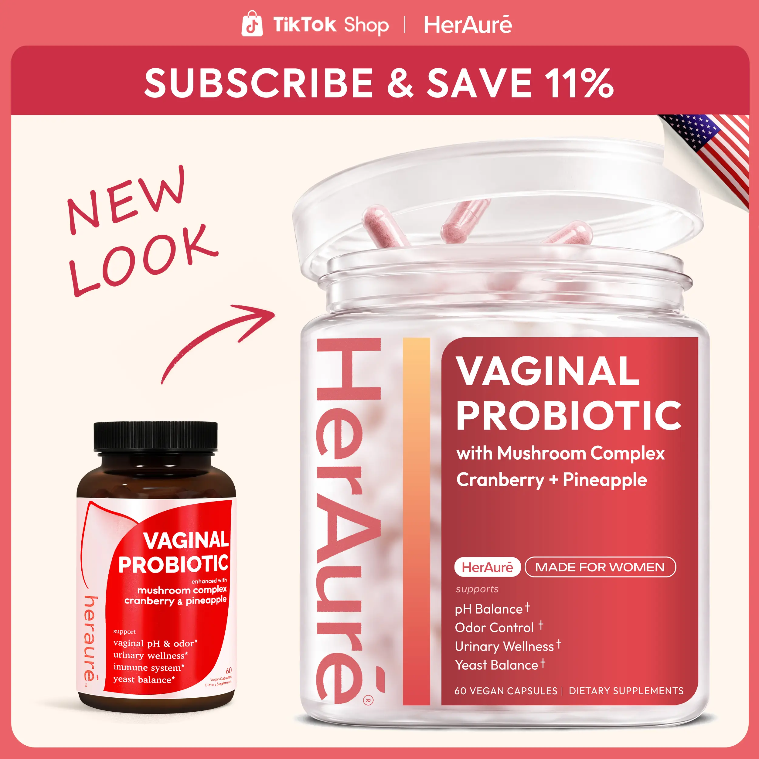 HerAuré Women’s Probiotics - pH Balance, Odor Control, Flora Health, Moisture & Tightening Support, 7 Billion CFU Probiotic, Prebiotic, 7-in-1 Mushroom Blend, Cranberry & Pineapple, Self-Care Gift, Healthcare, beach essentials #backtoschool