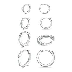925 Sterling Silver Small Hoop Earrings Cubic Zirconia Huggie Hoop Earrings, 4 Pairs 14K White Gold Plated Cartilage Piercing Earrings Ear Cuff Tiny Hoop Earrings for Women Men