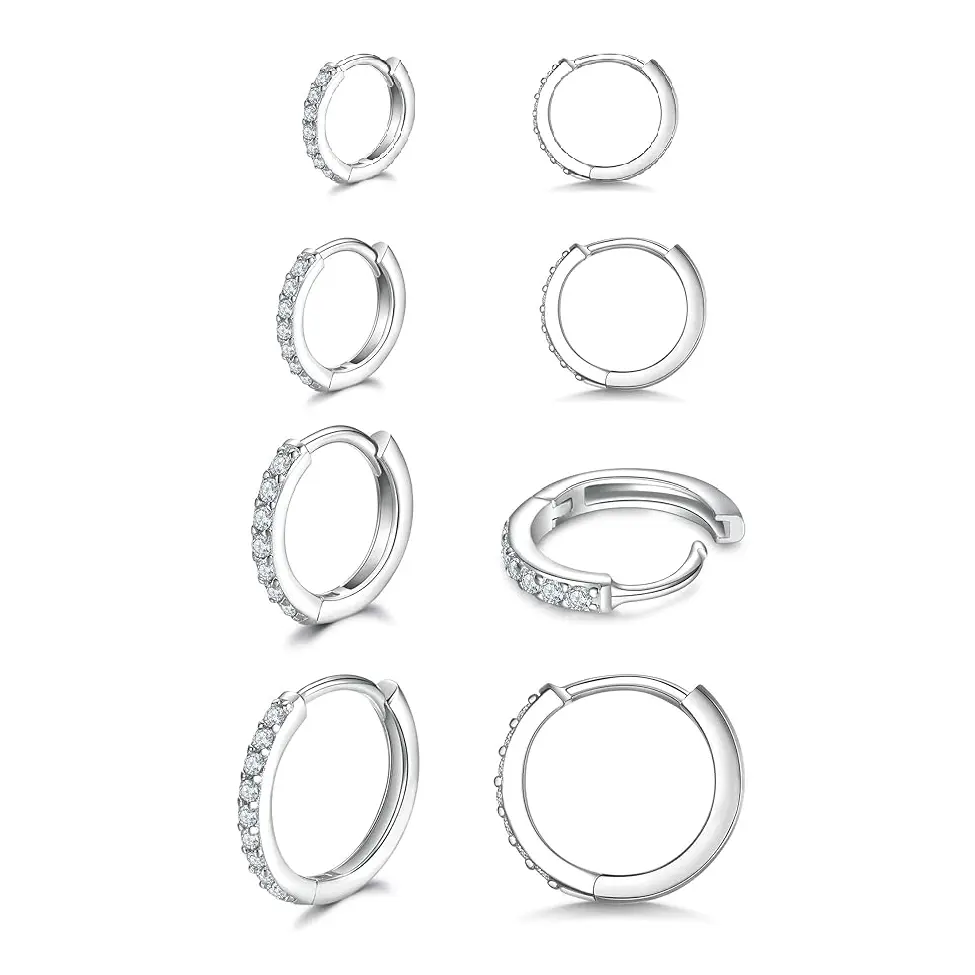 925 Sterling Silver Small Hoop Earrings Cubic Zirconia Huggie Hoop Earrings, 4 Pairs 14K White Gold Plated Cartilage Piercing Earrings Ear Cuff Tiny Hoop Earrings for Women Men