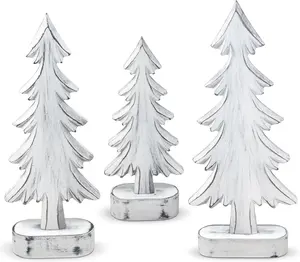 Gift Boutique Christmas Trees Wooden Table Decorations Centerpiece Holiday, Tree on Base Tiered Tray Tabletop Sign Decor for Office Dining Mantle Home Winter Xmas Party Supplies - Set of 3 - White