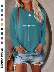Women's Casual Geometric Hearts Print Long Sleeve Round Neck Fitted T-Shirt, Comfortable Fabric, Available in 10 Colors, All Seasons Wear