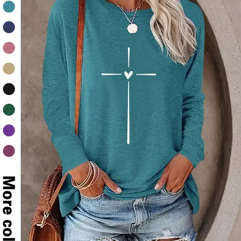Women's Casual Streetwear Geometric  Hearts Print Long Sleeve Round Neck T-Shirt, Comfortable Fabric, Available in 10 Colors, All Seasons Wear
