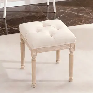 French Style Bench, Linen Fabric Entryway Bench, Upholstered Tufted End of Bed Bench with Brushed Wood Legs, Beige