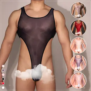Men’s Semi-Sheer Silky Bodysuit | High-Cut Elastic-Fit Bold Look