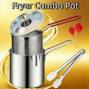 Stainless steel fryer with strainer holder. Perfect for fries, fish fillets, chicken. A must-have home kitchen essential. Great for Christmas cooking