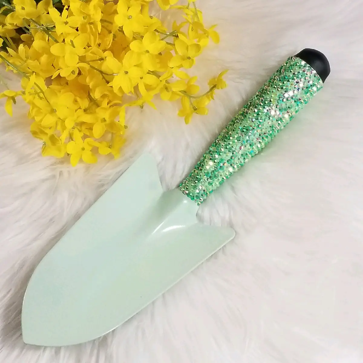 Bling Handle Mini Shovel; Mint Green Metal; 12 inch; Heavy Duty; Green Rhinestone Gardening Trowel; Crystal Handheld Spade