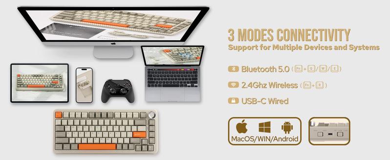 Ajazz AK820 Max Tri-Mode Mechanical Keyboard 2.4G Wireless Bluetooth USB-C 75% 82 Key Compact Layout 8000mAh Battery Hot-Swappable Gasket Mount PBT Keycaps RGB Backlit Metal Knob Fish Switch Grey Durable Keyboard Boyfriend Gift Valentine  keyboard