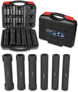 1/2 Inch Drive Extended Length Impact Socket Set 6 Sizes - Hex Sizes 3/4", 7/8", 15/16", 1-1/16, 1-1/8", 1-1/4"Extra-Deep Length Extra-Deep Impact Set Heavy Duty with Case