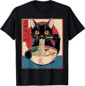 Unisex Anime Cat Eating Ramen T-Shirt Black Small