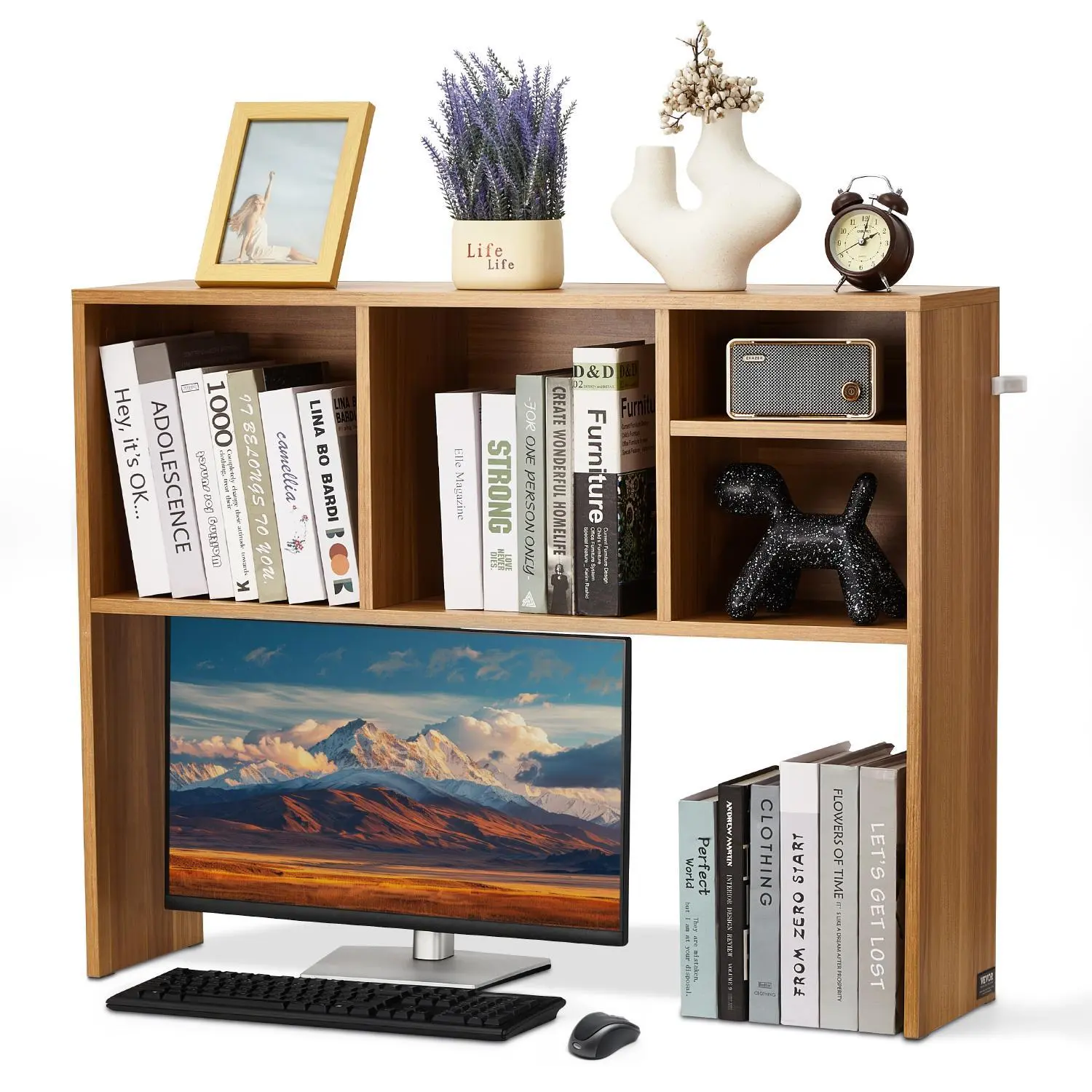 【Summerfinds】VEVOR Desktop Bookshelf, 1-Tier Wood Desktop Storage Organizer, 37" x 9.4" x 28.7" Office Storage Rack Wood Display Shelf, Desktop Bookshelf Hutch with Anti-Slip Feet Pads, for Office, Home & Dorm