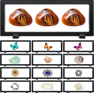12 Pcs 3D Floating Display Case Floating Frame Display Holder Stand Challenge Coin Jewelry Frame Box for AA Medallions Fossil Rock Gemstones Specimen(Black,9.1 x 3.5 x 0.8 Inch,Square Base)
