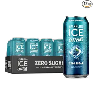 Sparkling Ice +Caffeine Blue Raspberry Sparkling Water, with Antioxidants and Vitamins, Zero Sugar, 16 Fl Oz (Pack of 12)