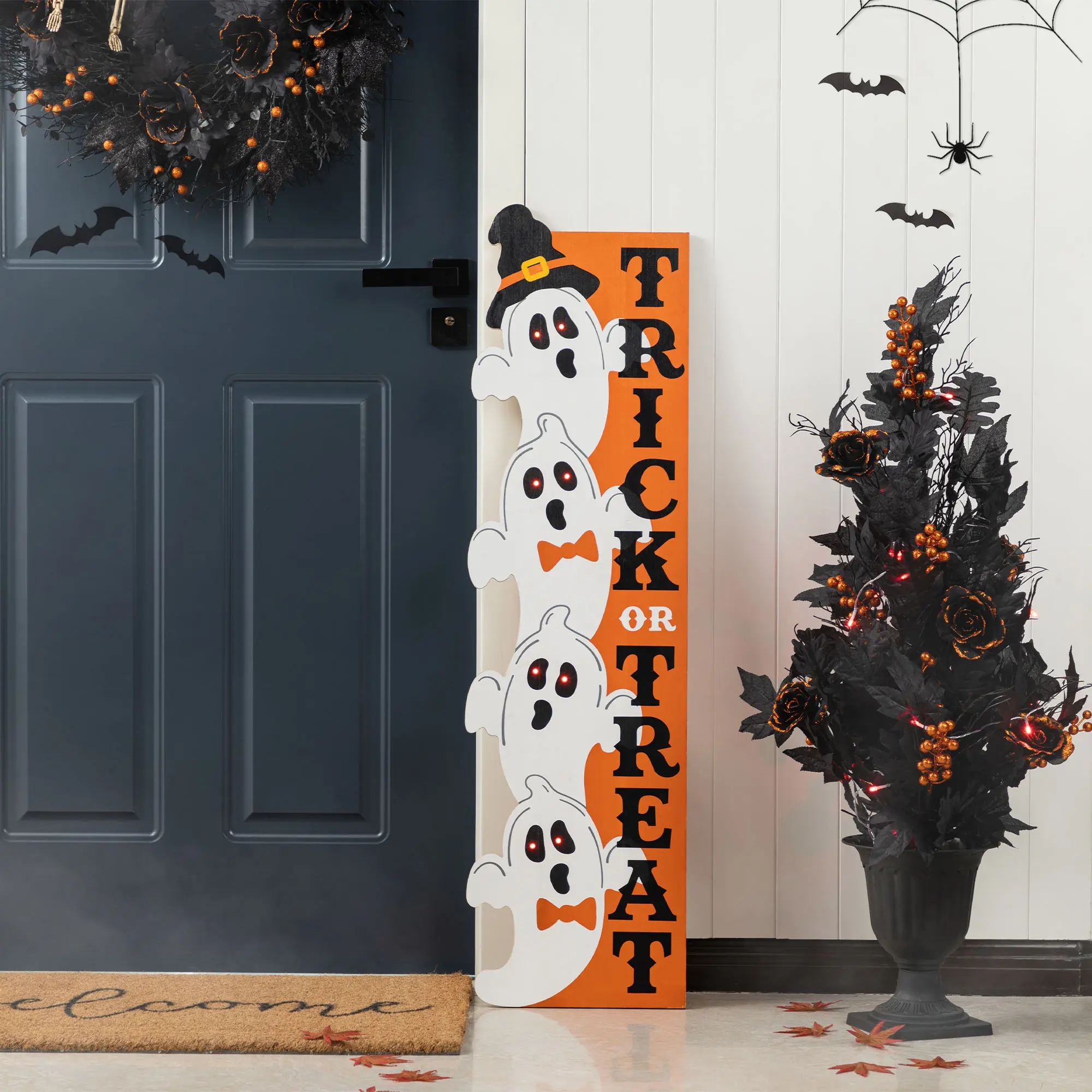 Glitzhome 42"H Lighted Wooden Stacked Ghost Decor with Timer, "Trick or Treat" Porch Sign, Humorous Halloween-Themed Outdoor Holiday Ornaments for Spooky Vibes, Peeker Ghosts Outdoor Holiday Decorations