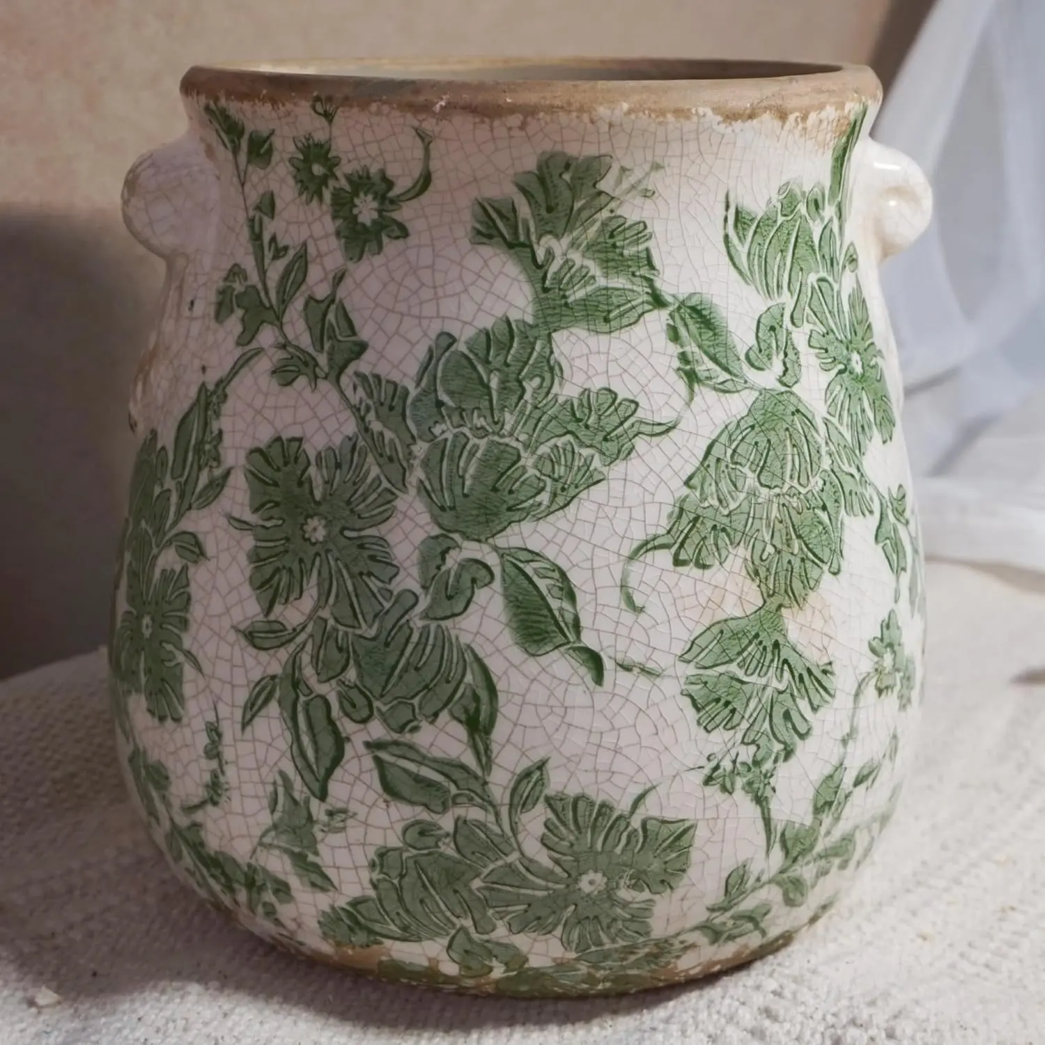 Vintage Green and White Ceramic Floral Vase Planter - Rustic Crackle Glaze Pottery Jar, Hand-Painted for Flowers/Plants, Farmhouse Home Decor Accent