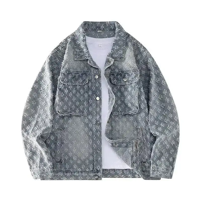 Men's Character Jacquard Coats, Casual Loose-Fitting Cotton Washed Jacket, Outerwear Tops for Spring Autumn Menswear, Normal Type, Polyester, Regular, Single Breasted