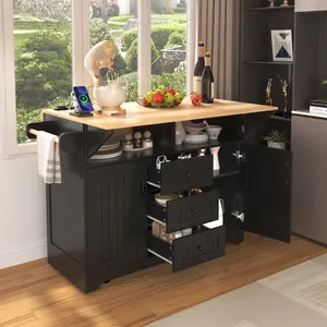 55.7'' Large Kitchen Island with 2 Drop Leaf, Rolling Kitchen Cart on 5 Wheels with Power Outlet, Folding Storage Dining Table with Spice & Towel Rack , 3 Drawers, for Kitchen, Dining Room,White