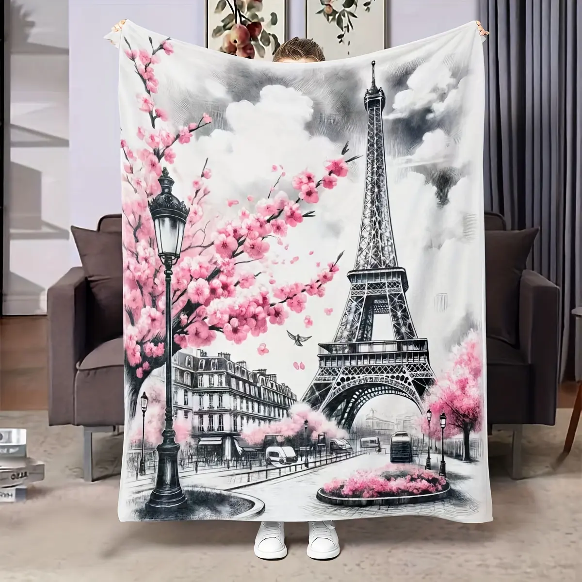 Traditional Eiffel Tower Flannel Print Cozy Throw Blanket - 100% Polyester, Soft, Lightweight, Warm Women's Shawl, Multi-Size (30*40 in, 40*50 in Small for Kids), Wrinkle Resistant, Ideal for Bed, Romantic Gift, 50*60In-Medium For Teens