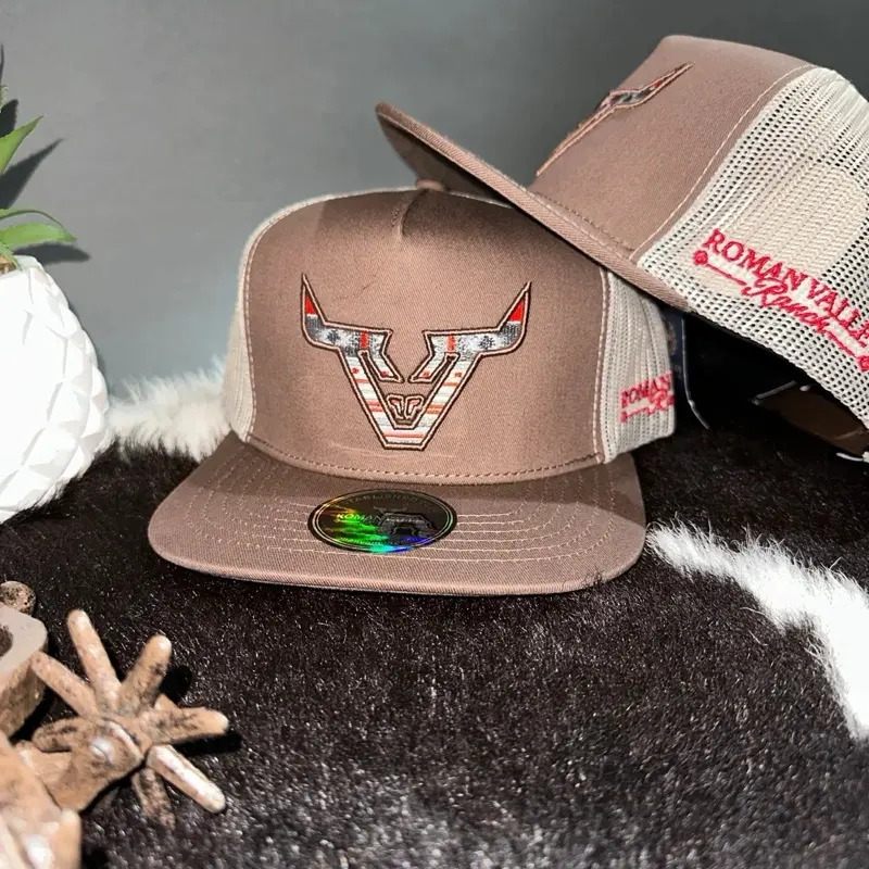 Roman Valley Brown Flat Bill Hat with Bull Logo and Mesh Back for Men and Women